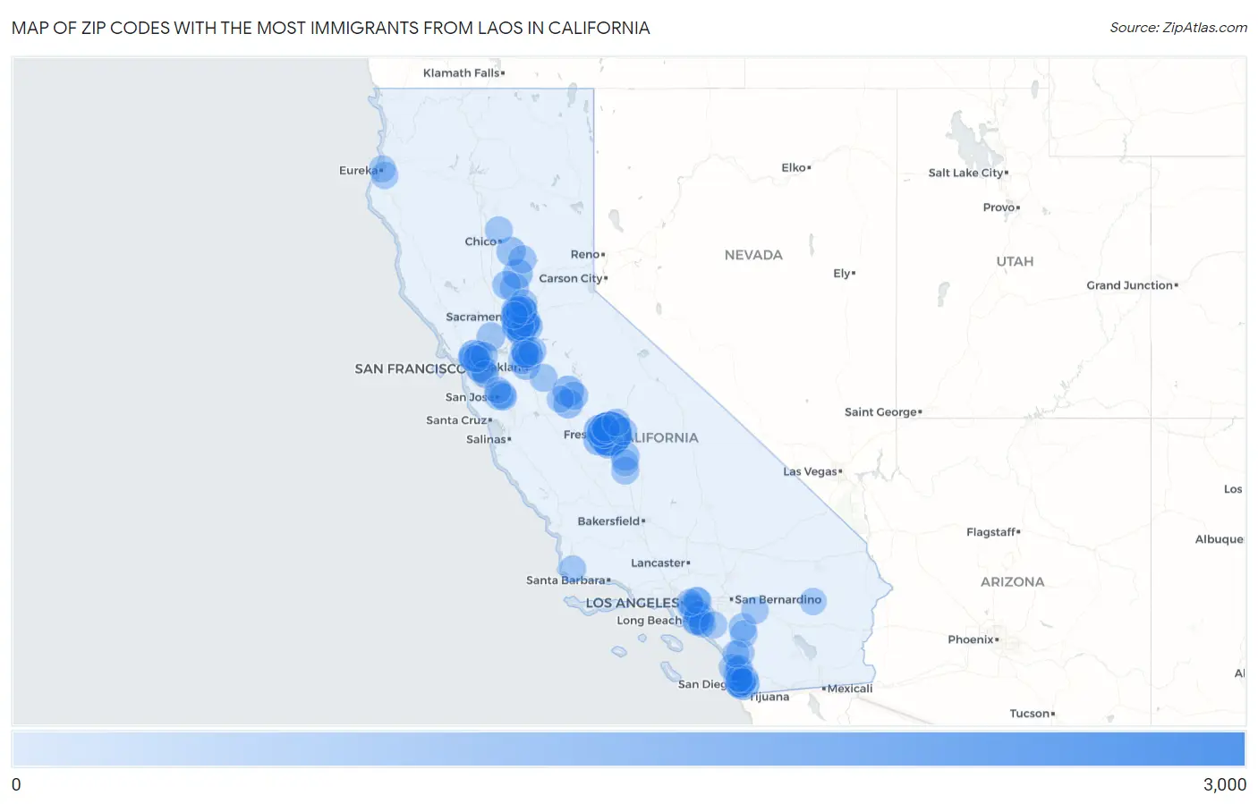 Zip Codes with the Most Immigrants from Laos in California Map