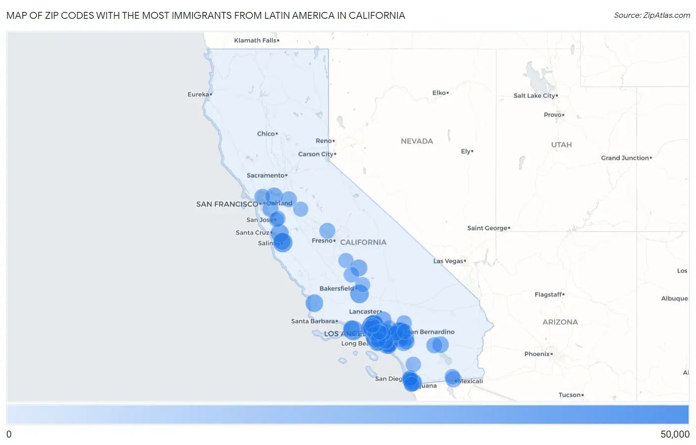 Zip Codes with the Most Immigrants from Latin America in California Map