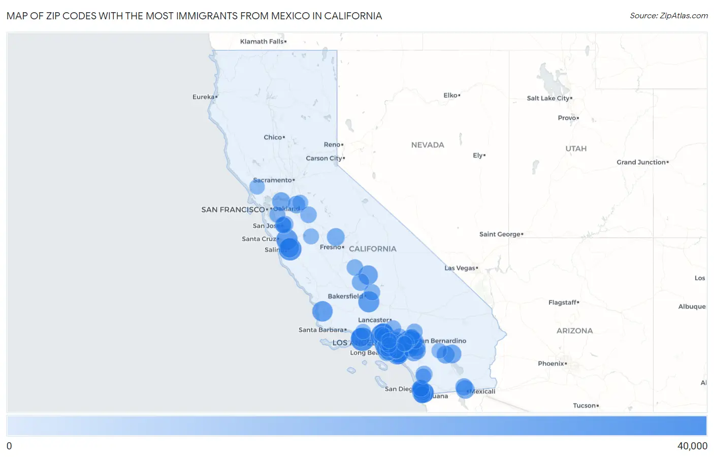 Zip Codes with the Most Immigrants from Mexico in California Map