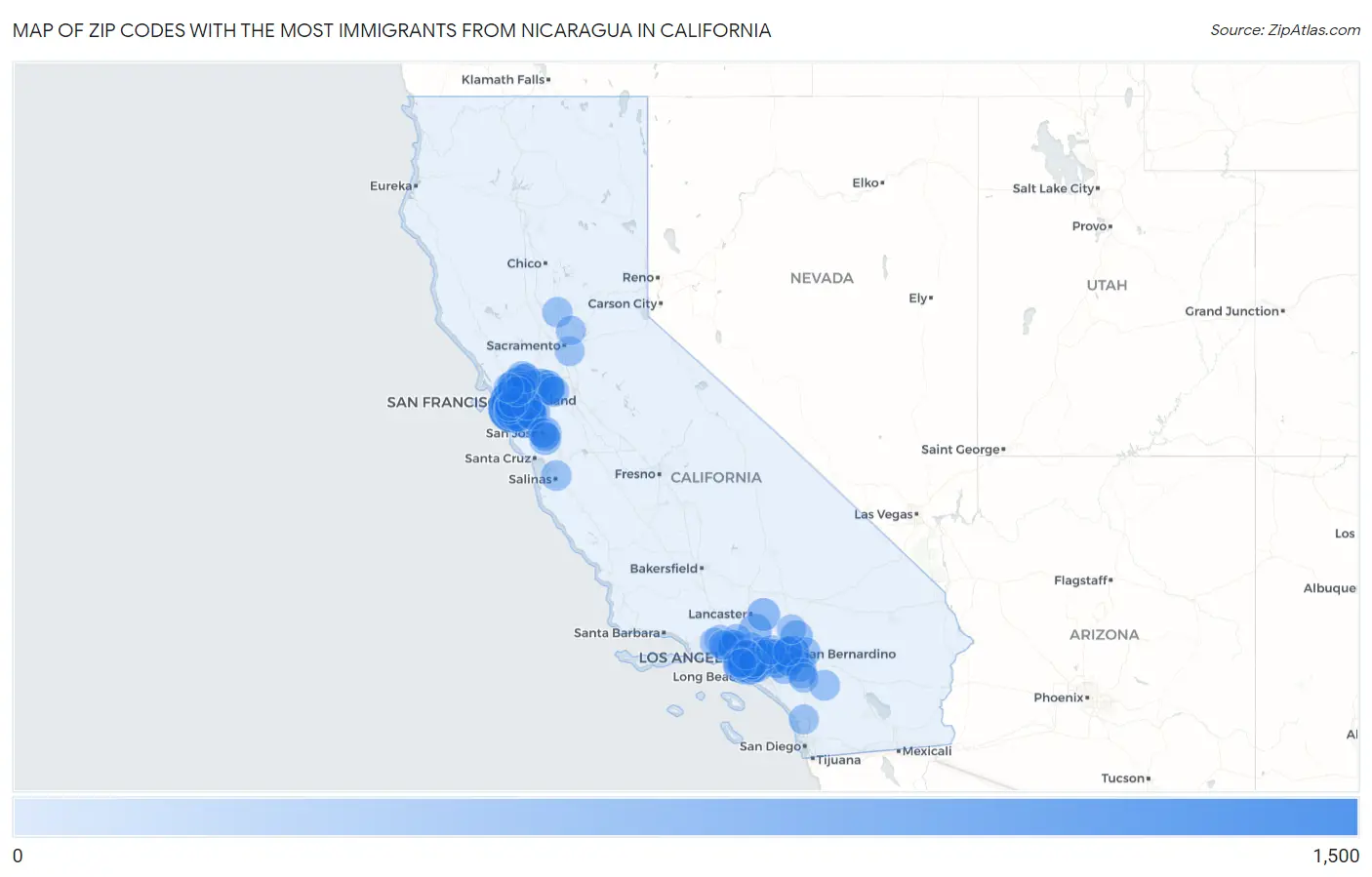 Zip Codes with the Most Immigrants from Nicaragua in California Map