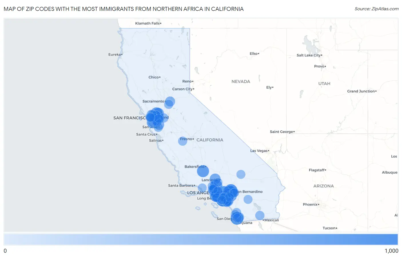 Zip Codes with the Most Immigrants from Northern Africa in California Map