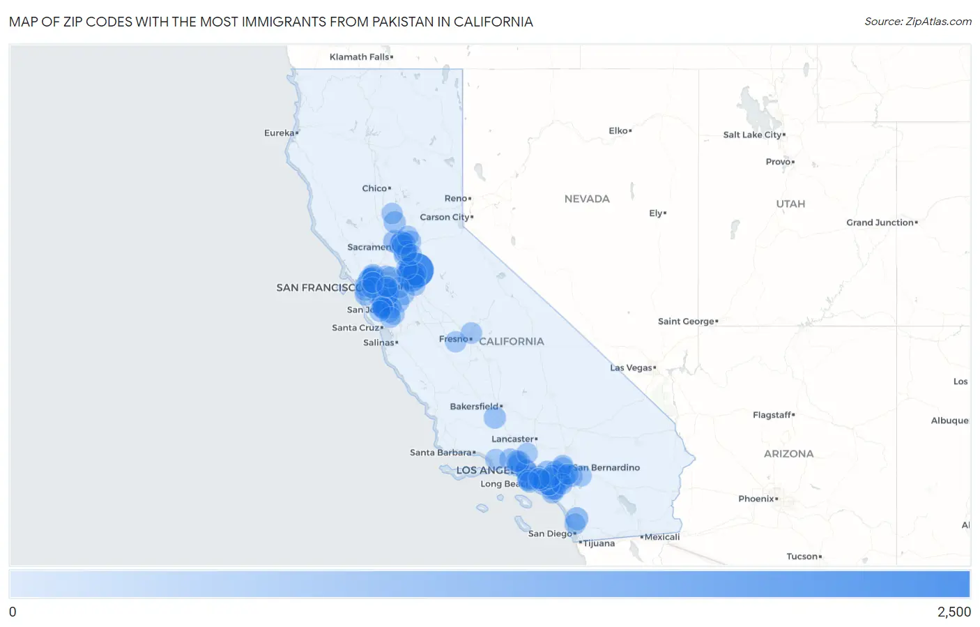 Zip Codes with the Most Immigrants from Pakistan in California Map