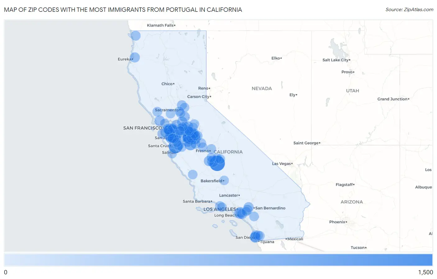 Zip Codes with the Most Immigrants from Portugal in California Map