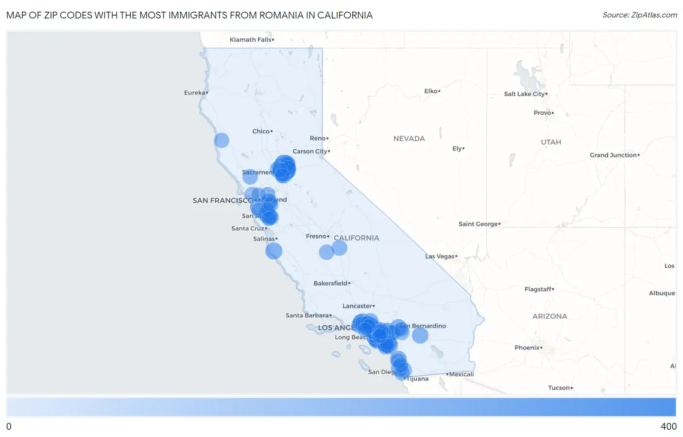 Zip Codes with the Most Immigrants from Romania in California Map
