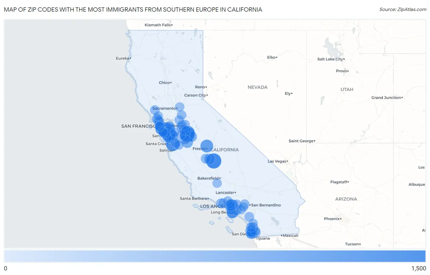 Zip Codes with the Most Immigrants from Southern Europe in California Map