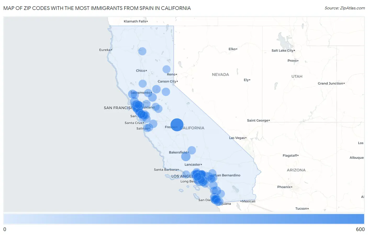 Zip Codes with the Most Immigrants from Spain in California Map