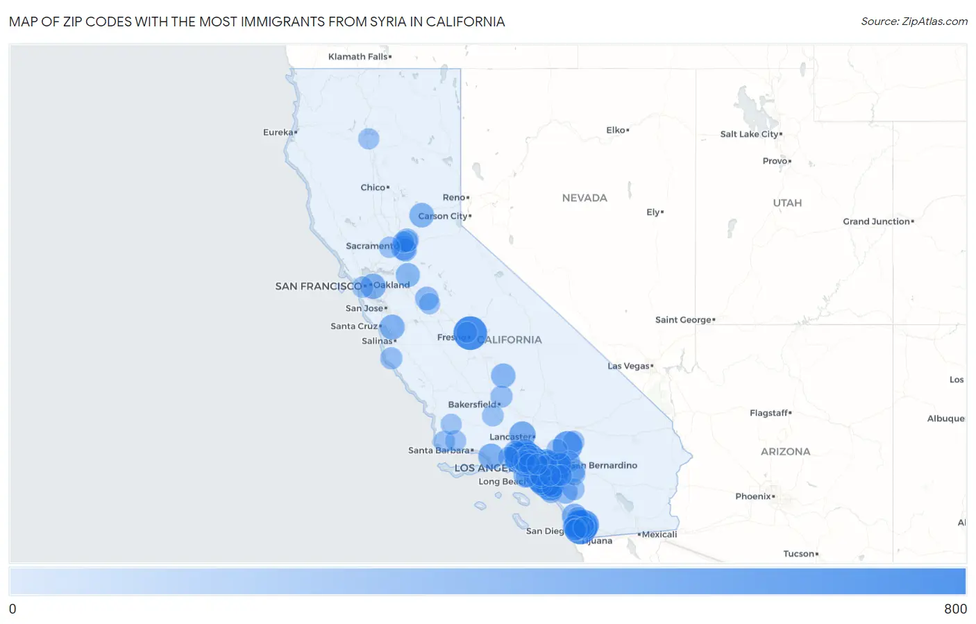 Zip Codes with the Most Immigrants from Syria in California Map