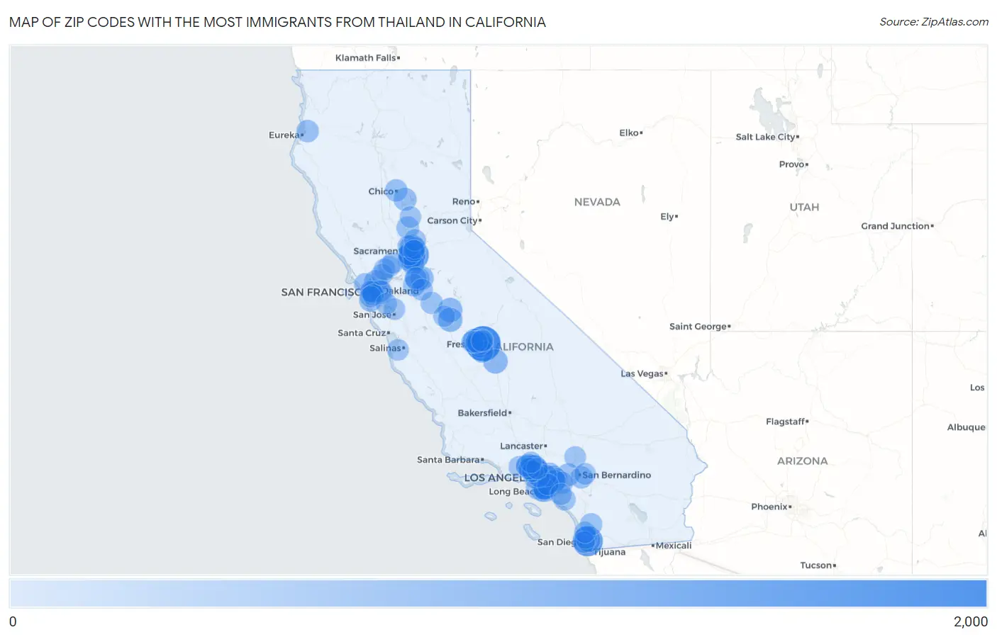 Zip Codes with the Most Immigrants from Thailand in California Map