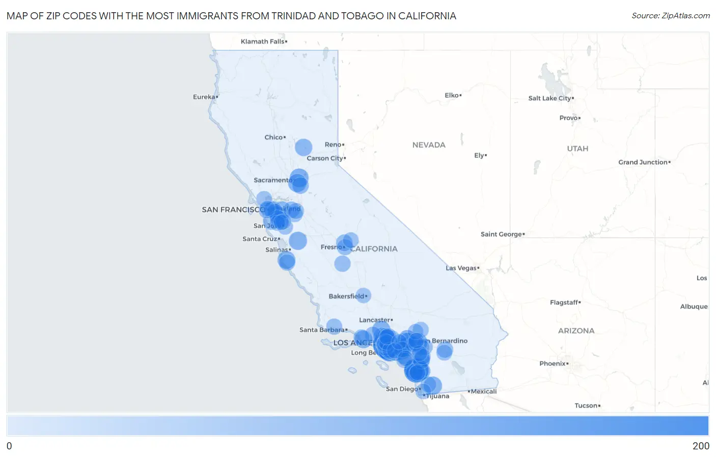 Zip Codes with the Most Immigrants from Trinidad and Tobago in California Map