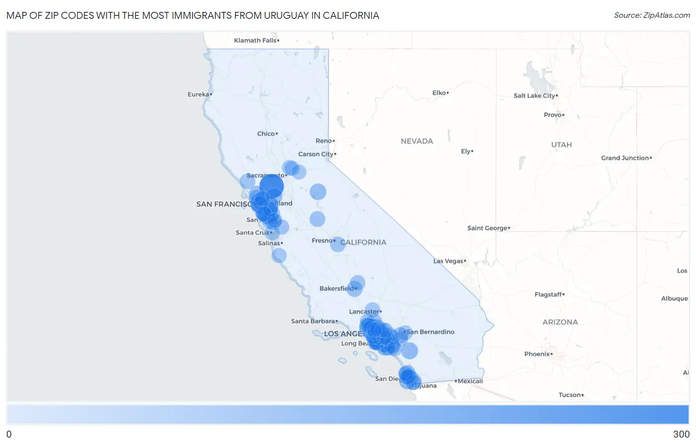 Zip Codes with the Most Immigrants from Uruguay in California Map