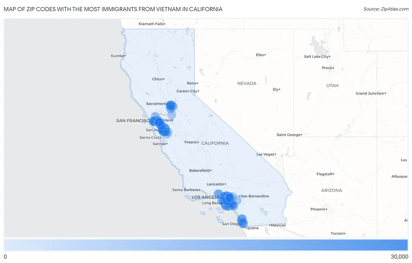 Zip Codes with the Most Immigrants from Vietnam in California Map