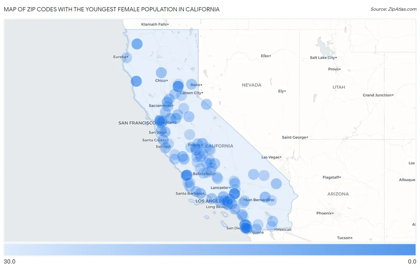 Zip Codes with the Youngest Female Population in California Map
