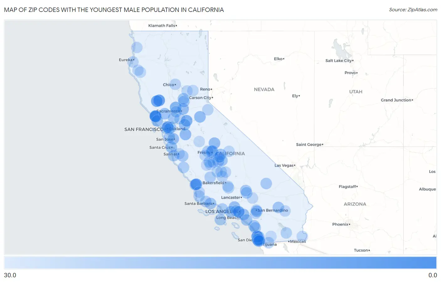 Zip Codes with the Youngest Male Population in California Map