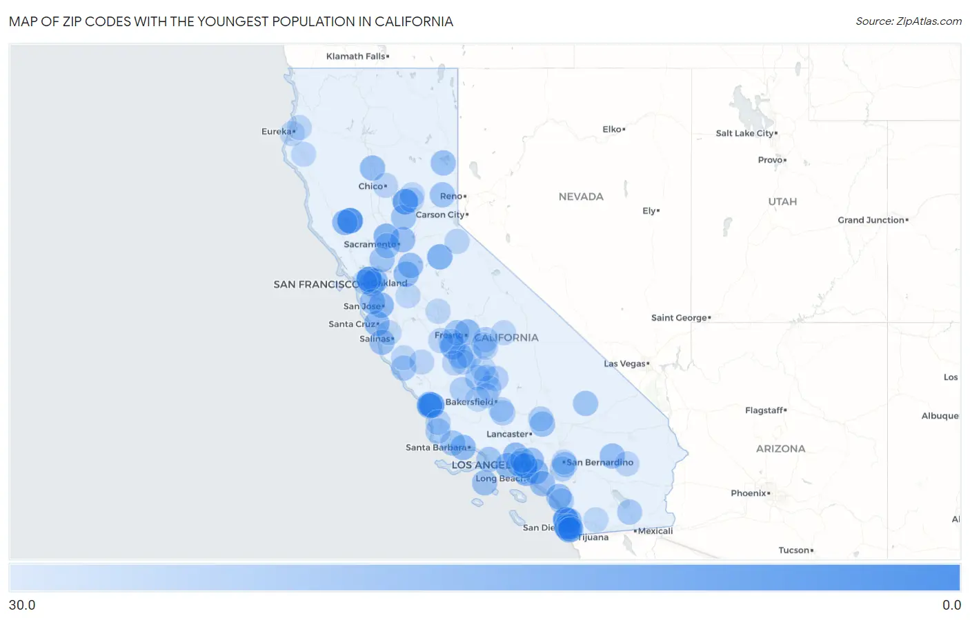Zip Codes with the Youngest Population in California Map