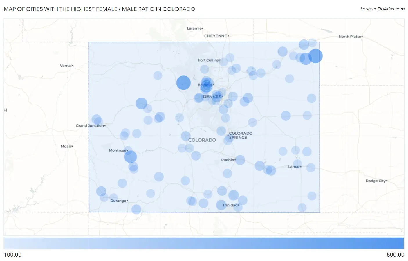 Cities with the Highest Female / Male Ratio in Colorado Map