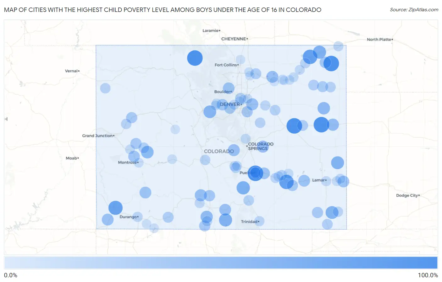 Cities with the Highest Child Poverty Level Among Boys Under the Age of 16 in Colorado Map