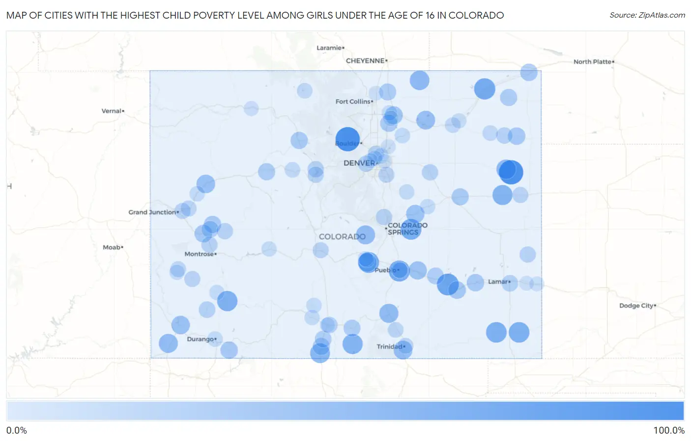 Cities with the Highest Child Poverty Level Among Girls Under the Age of 16 in Colorado Map
