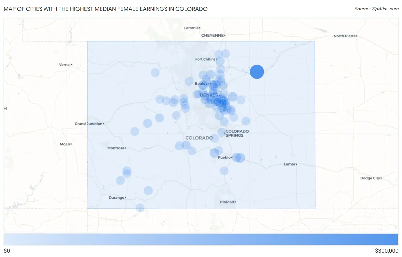 Cities with the Highest Median Female Earnings in Colorado Map