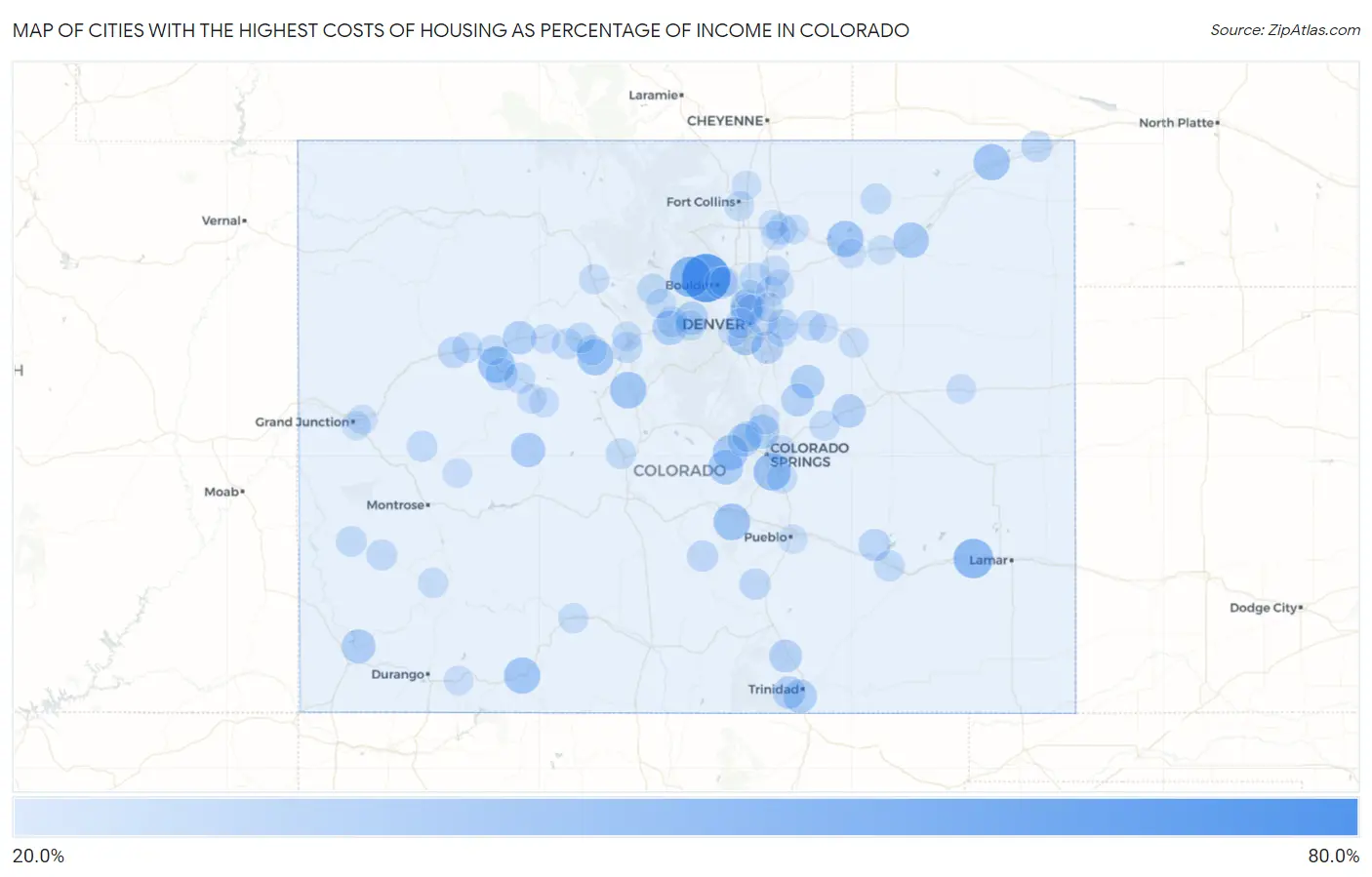 Cities with the Highest Costs of Housing as Percentage of Income in Colorado Map