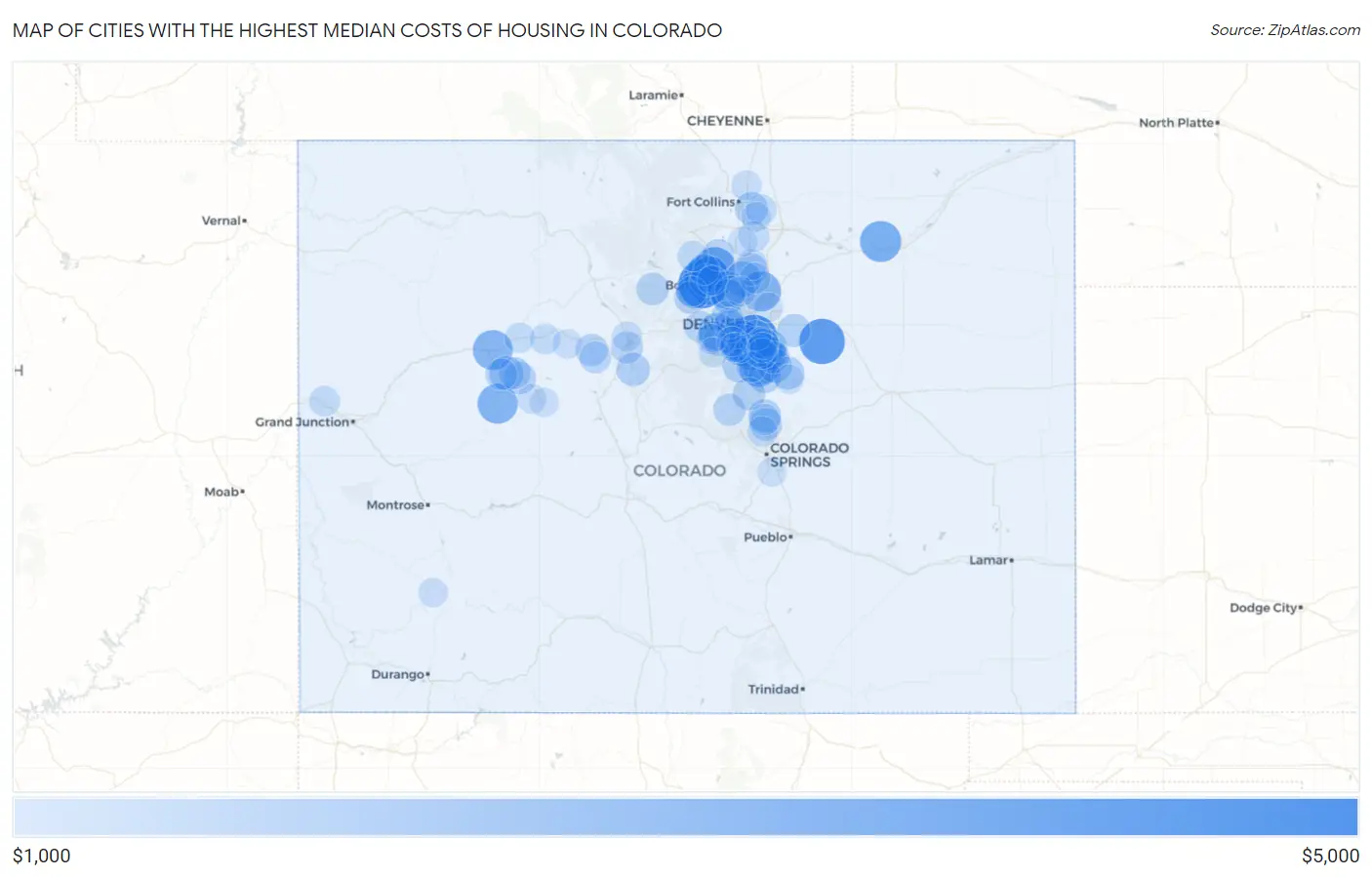 Cities with the Highest Median Costs of Housing in Colorado Map