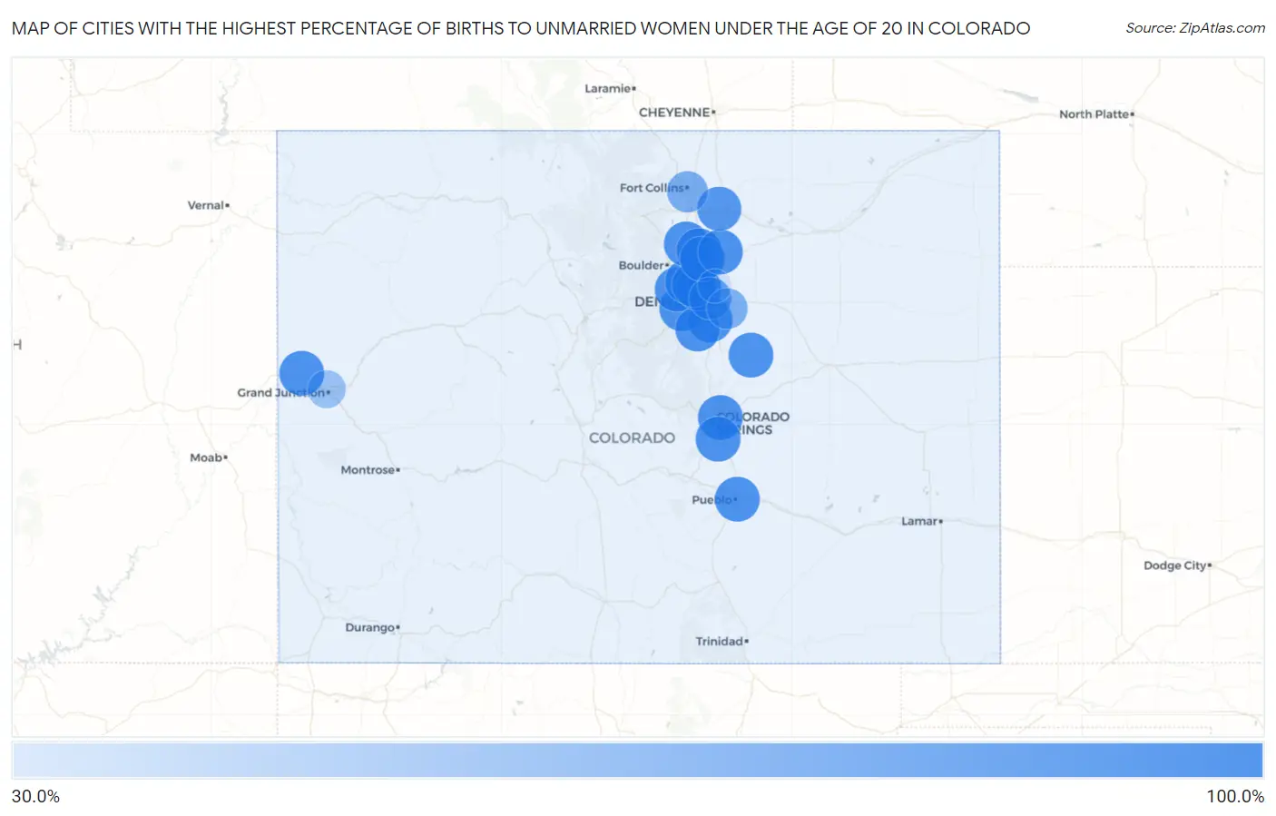 Cities with the Highest Percentage of Births to Unmarried Women under the Age of 20 in Colorado Map