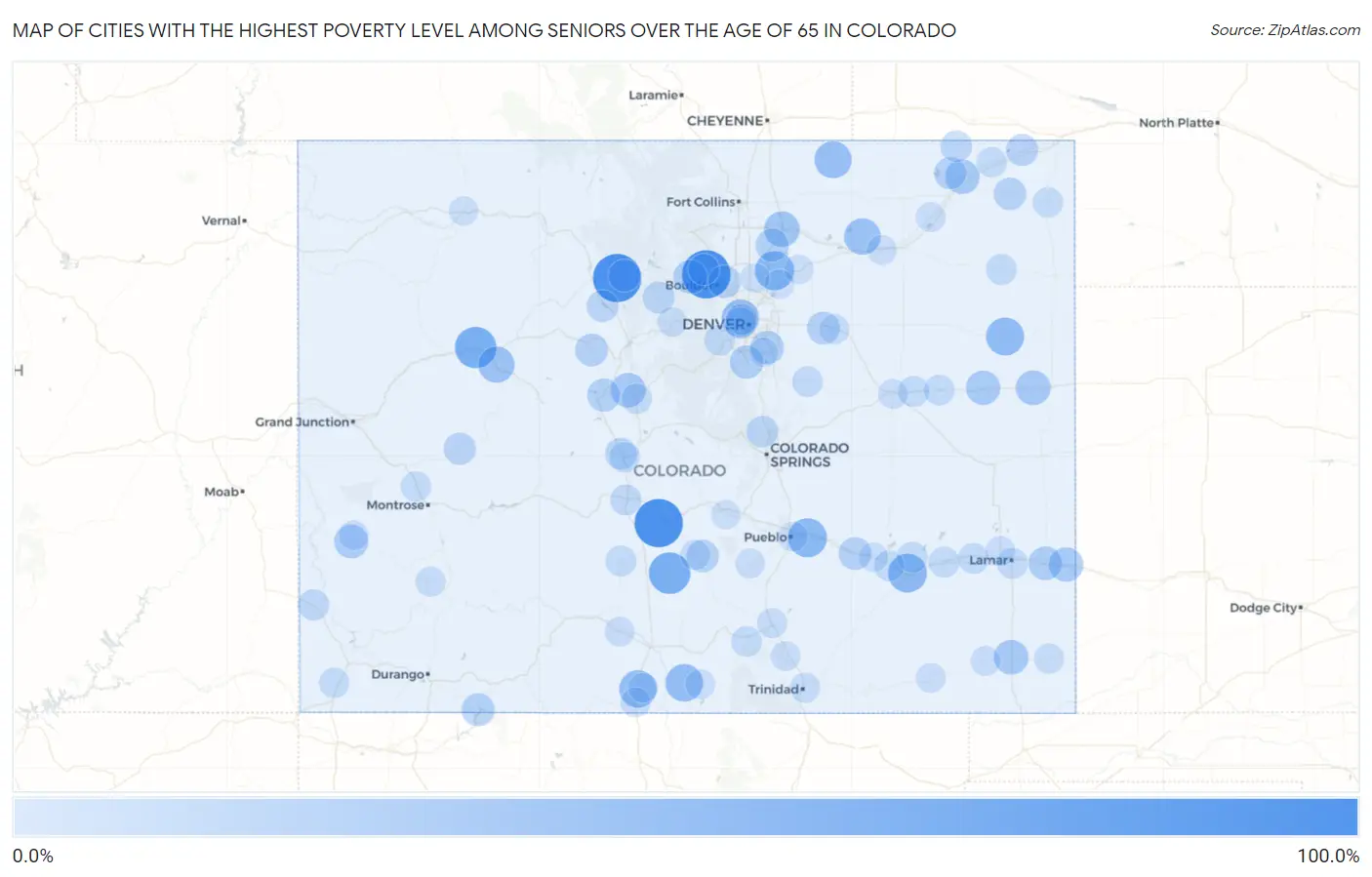 Cities with the Highest Poverty Level Among Seniors Over the Age of 65 in Colorado Map