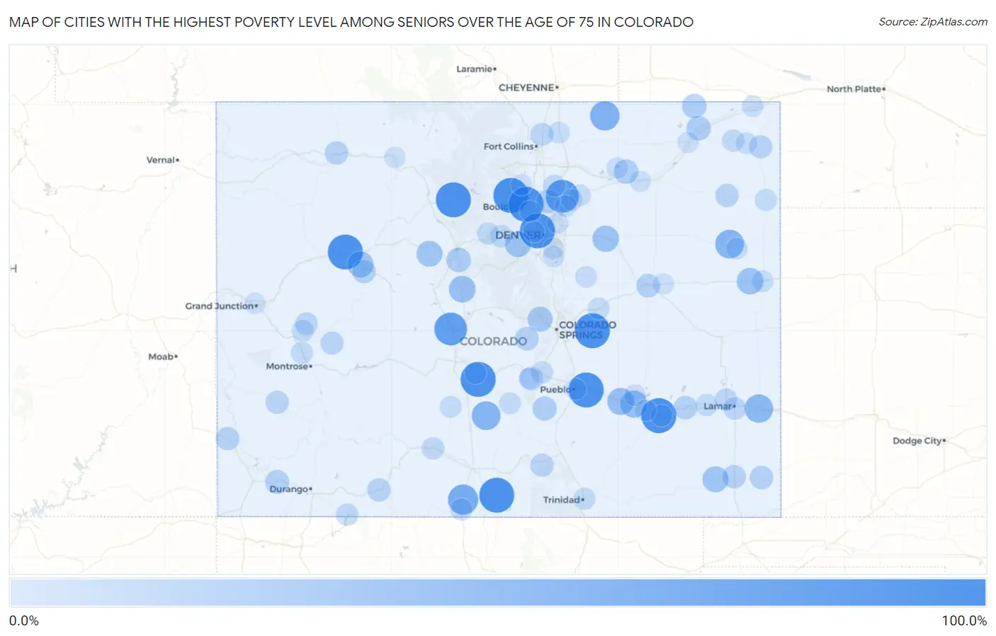 Cities with the Highest Poverty Level Among Seniors Over the Age of 75 in Colorado Map