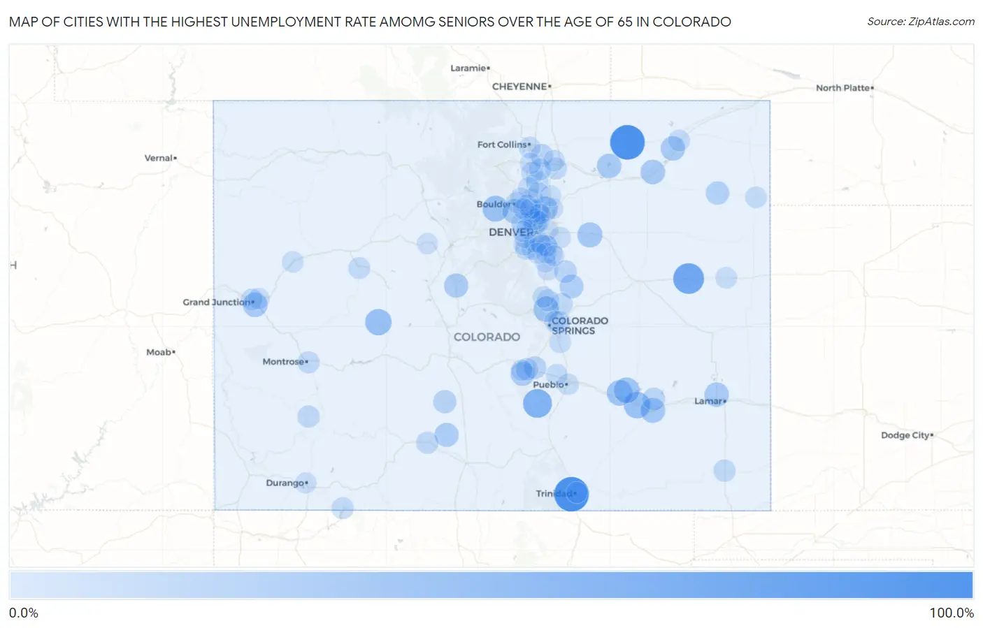 Cities with the Highest Unemployment Rate Amomg Seniors Over the Age of 65 in Colorado Map