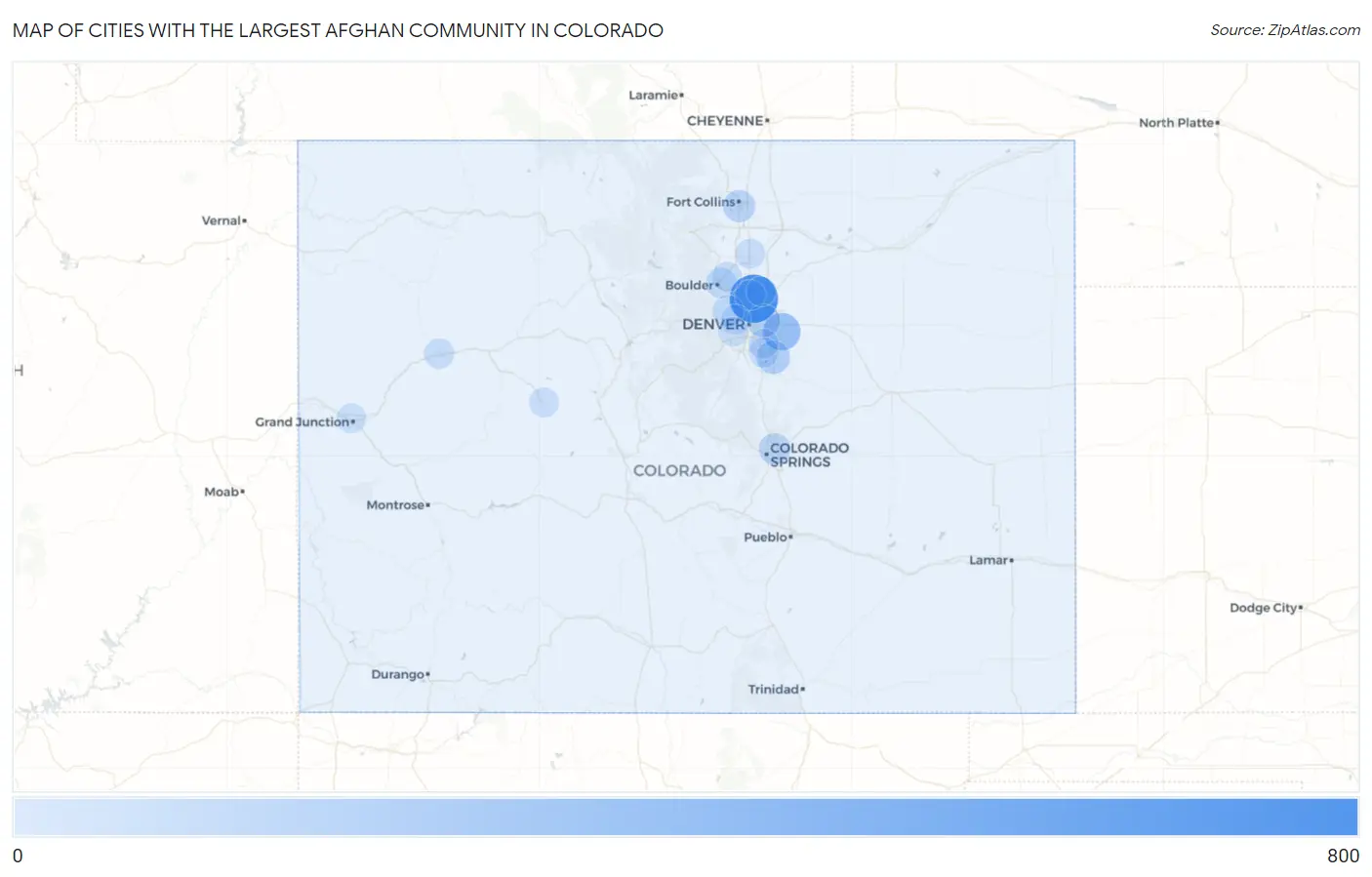 Cities with the Largest Afghan Community in Colorado Map