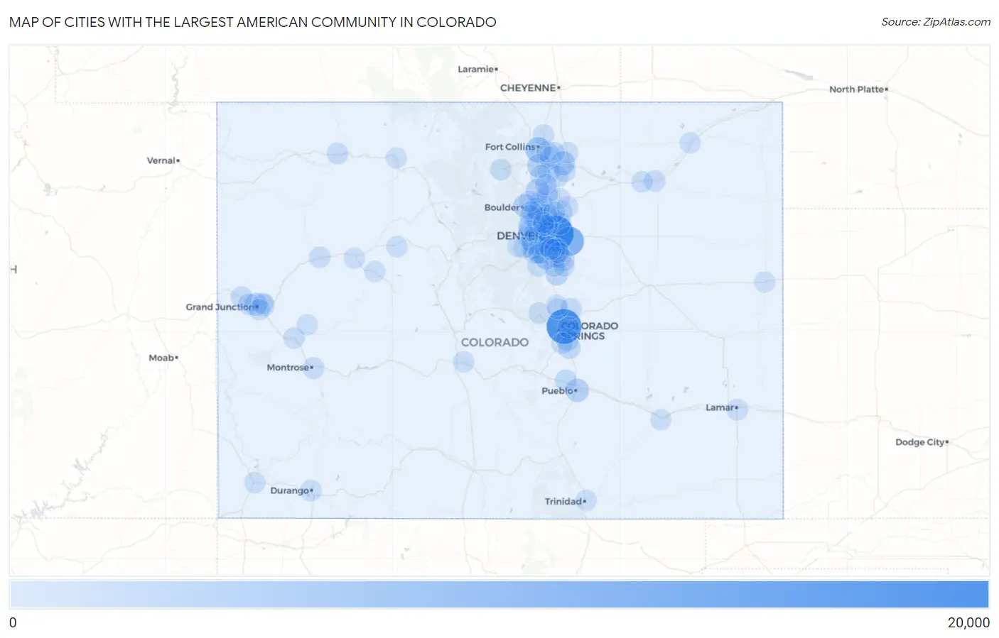 Cities with the Largest American Community in Colorado Map