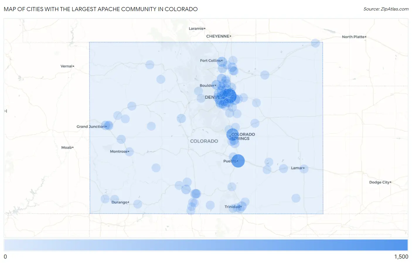 Cities with the Largest Apache Community in Colorado Map