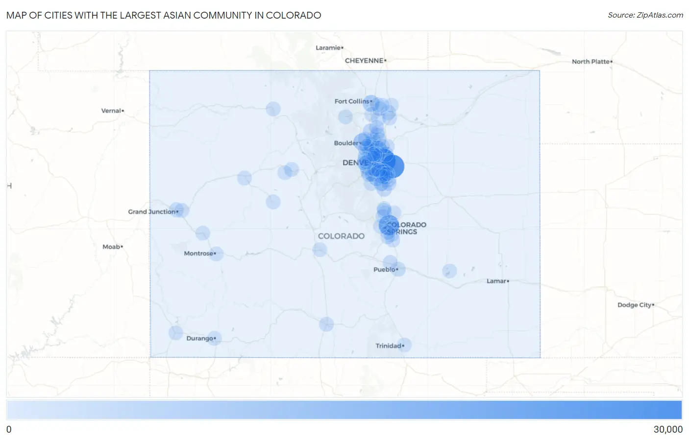 Cities with the Largest Asian Community in Colorado Map