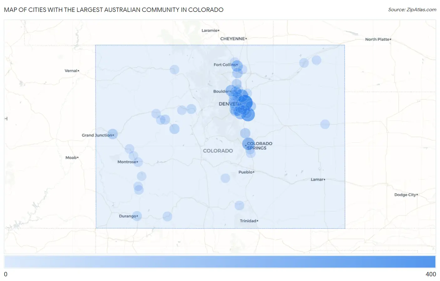 Cities with the Largest Australian Community in Colorado Map