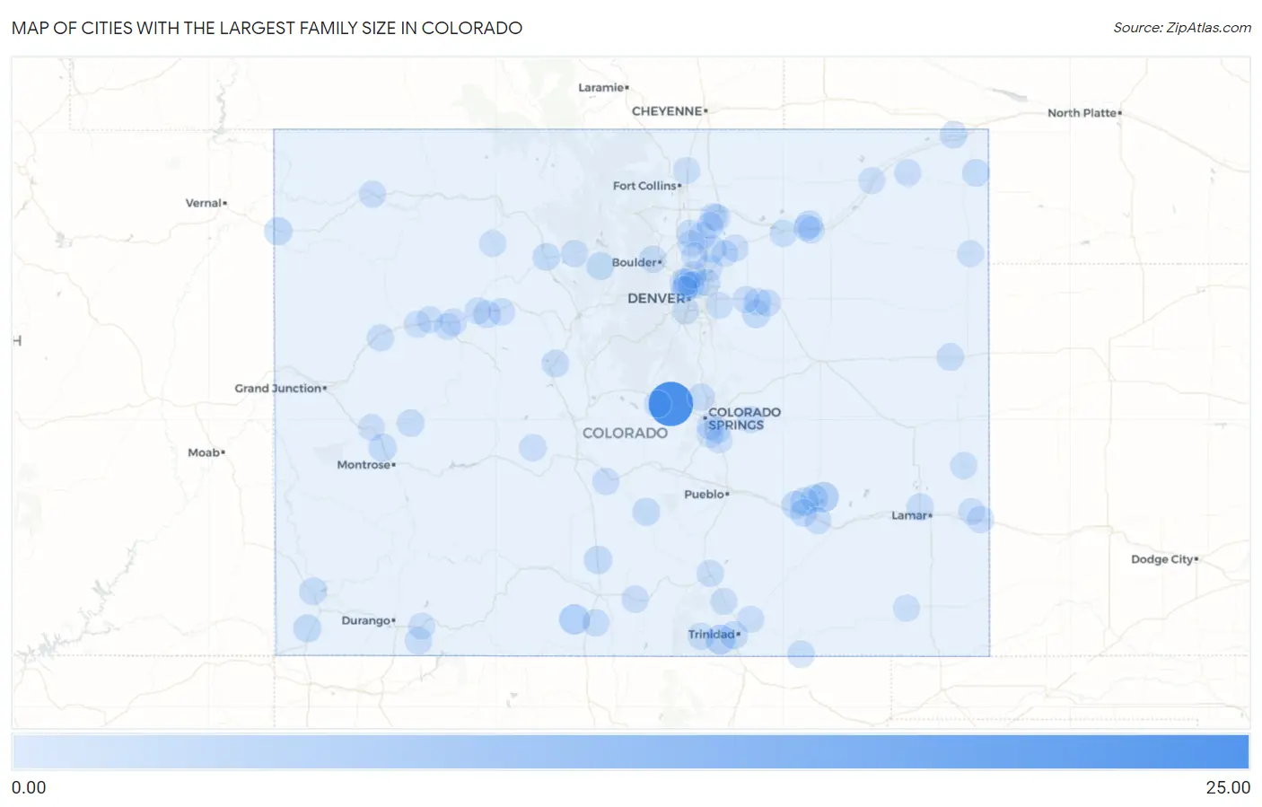 Cities with the Largest Family Size in Colorado Map