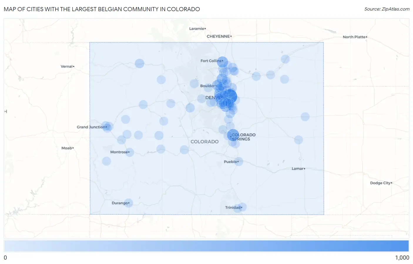 Cities with the Largest Belgian Community in Colorado Map