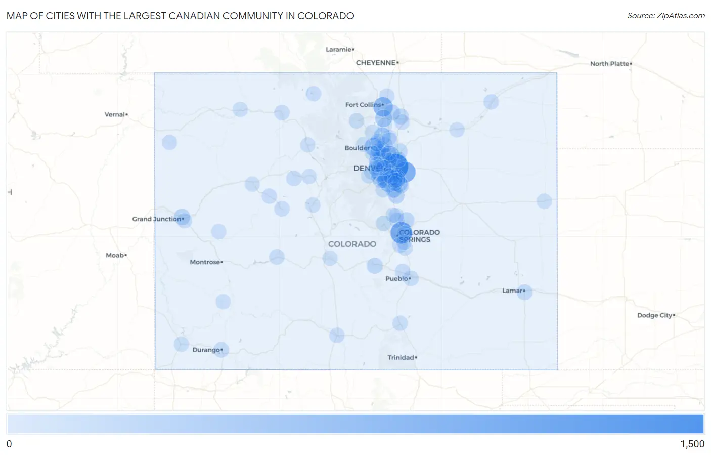 Cities with the Largest Canadian Community in Colorado Map