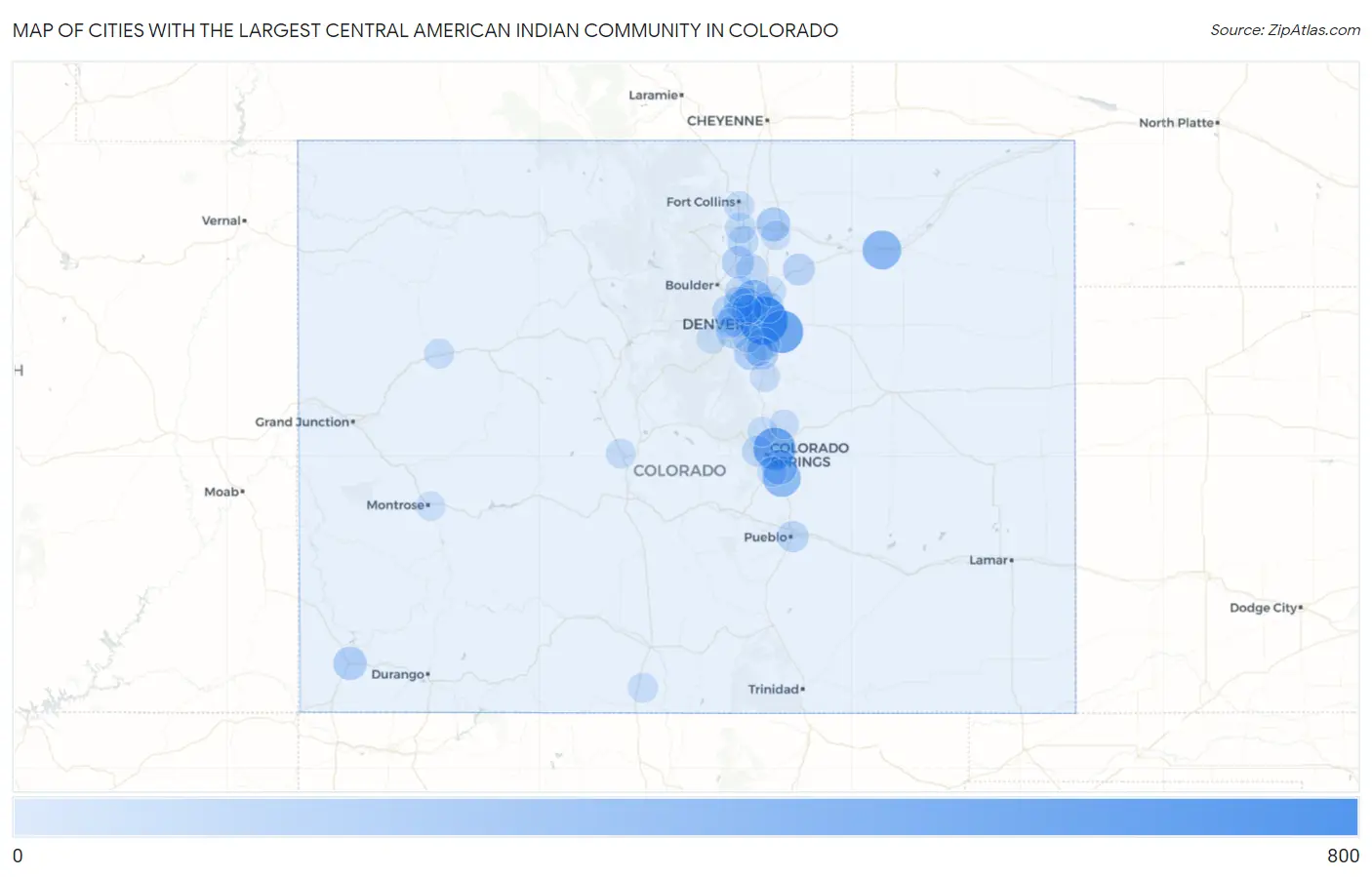 Cities with the Largest Central American Indian Community in Colorado Map