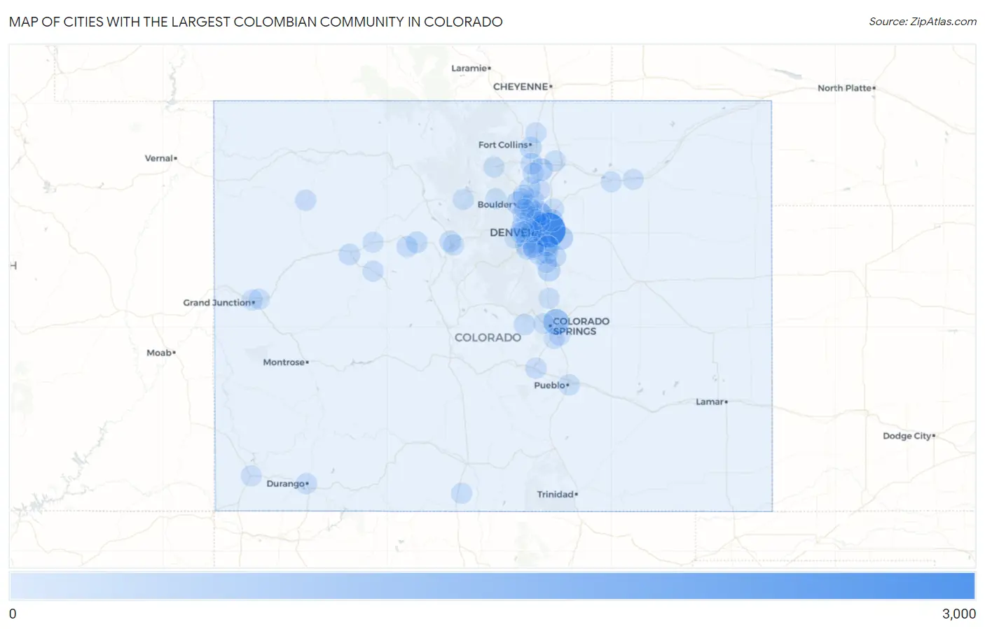Cities with the Largest Colombian Community in Colorado Map