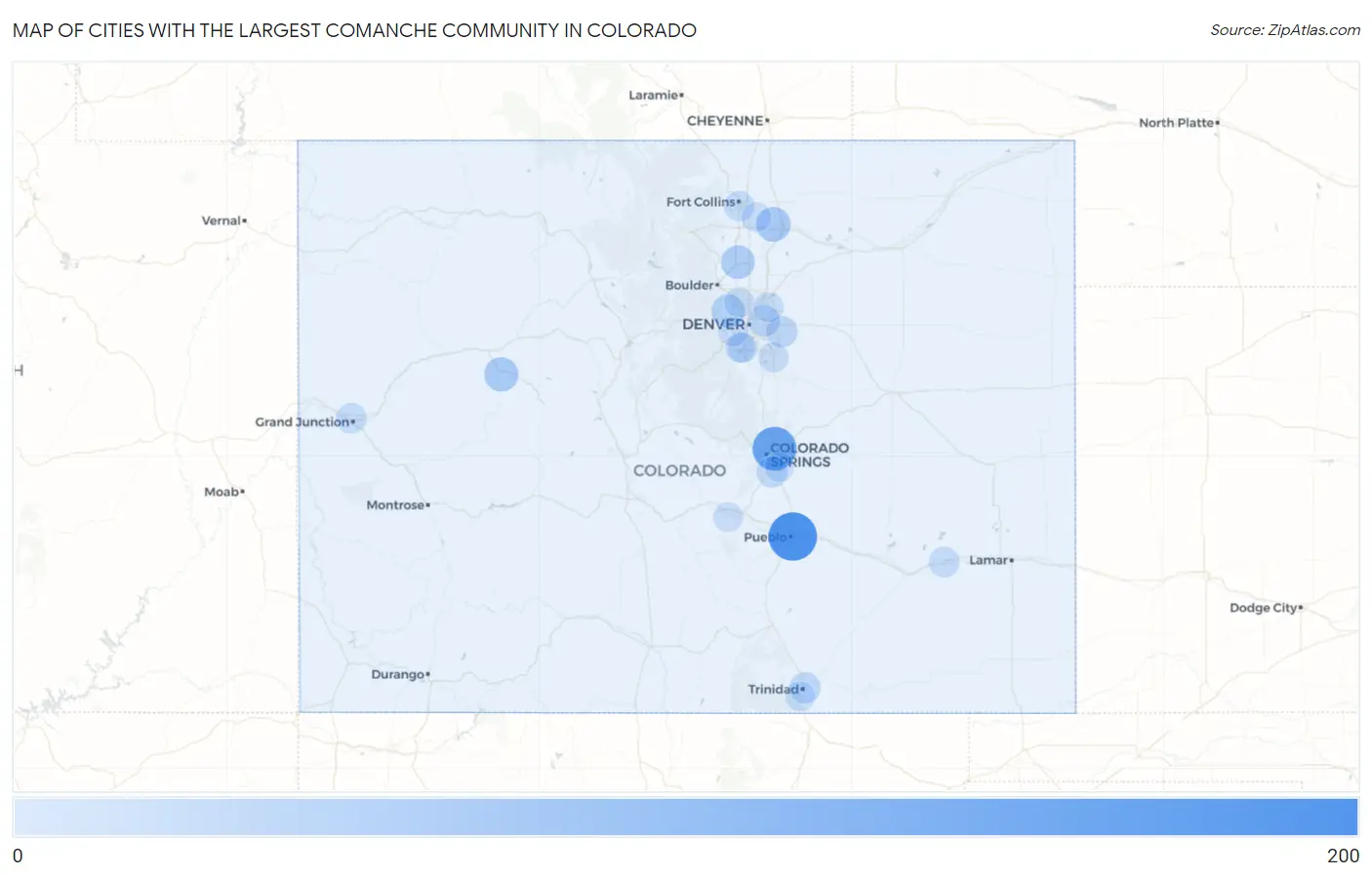 Cities with the Largest Comanche Community in Colorado Map