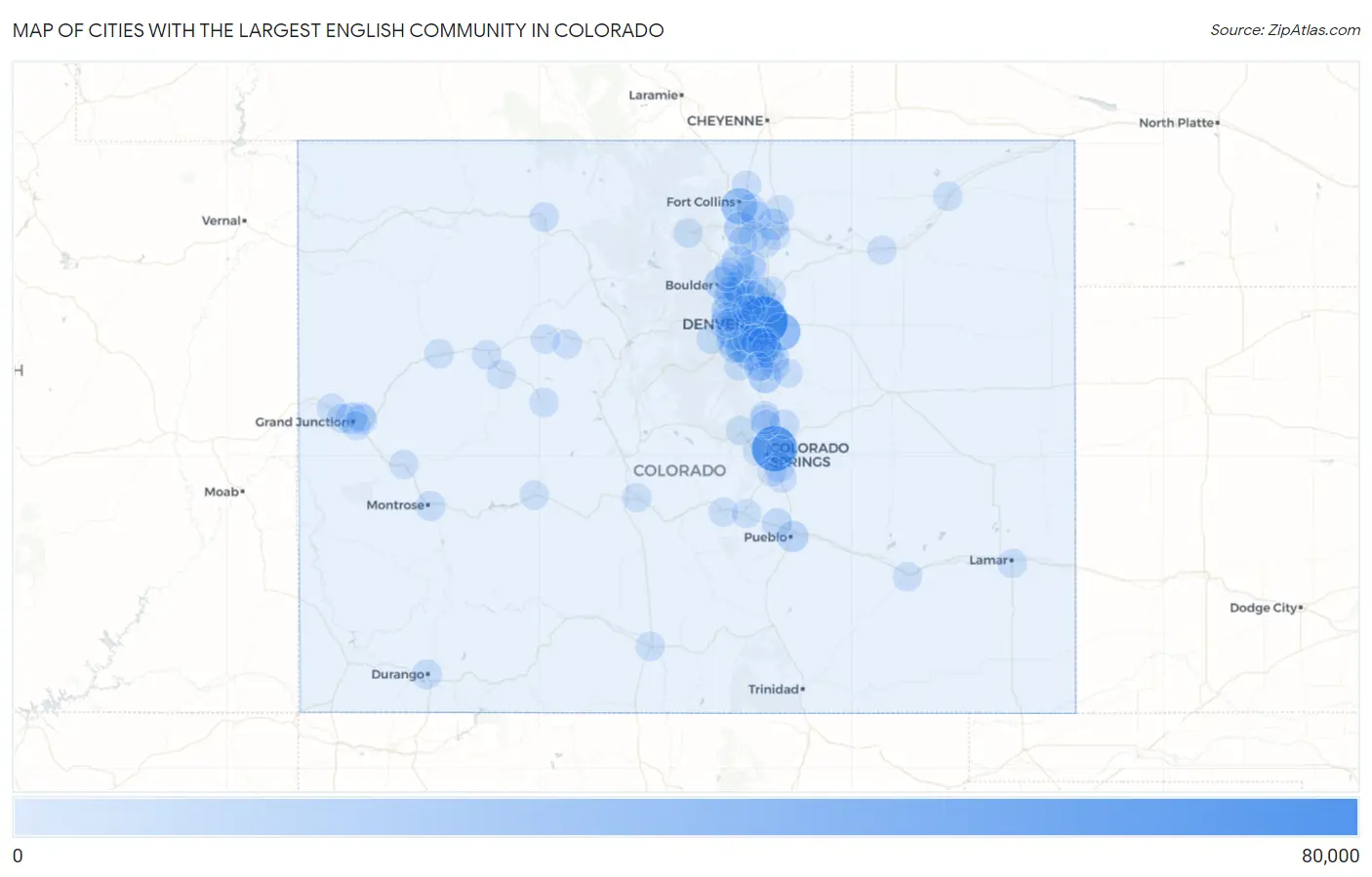 Cities with the Largest English Community in Colorado Map