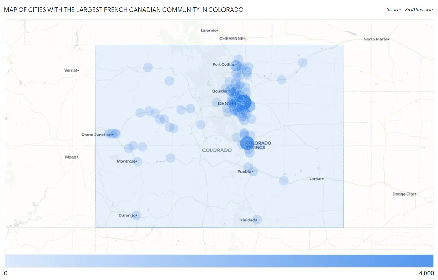 Cities with the Largest French Canadian Community in Colorado Map