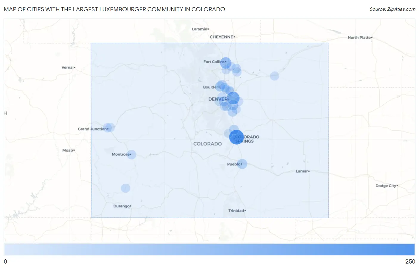 Cities with the Largest Luxembourger Community in Colorado Map