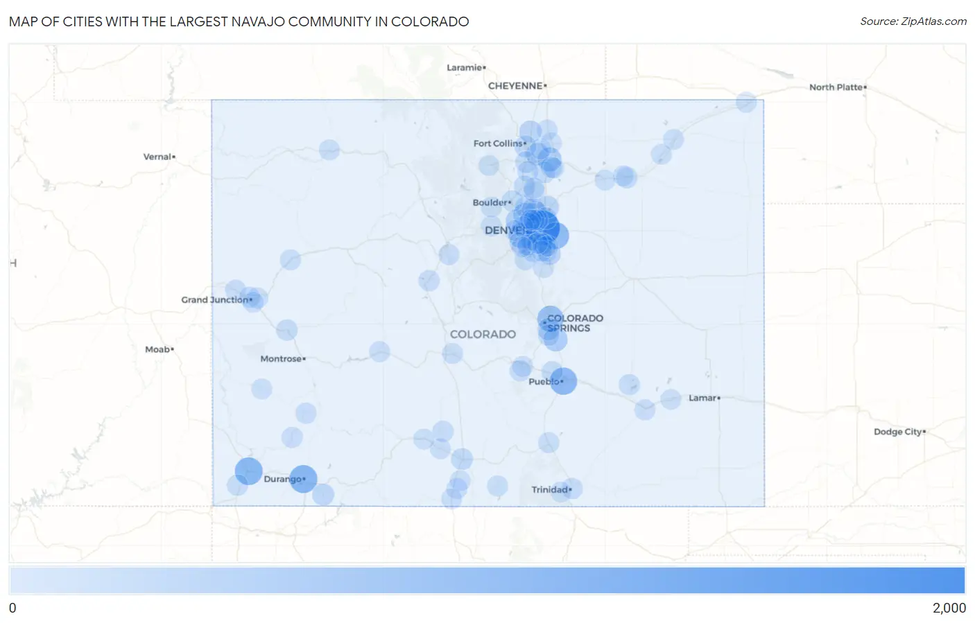 Cities with the Largest Navajo Community in Colorado Map