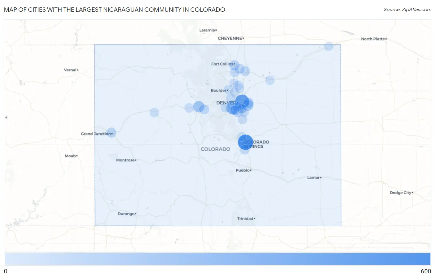 Cities with the Largest Nicaraguan Community in Colorado Map