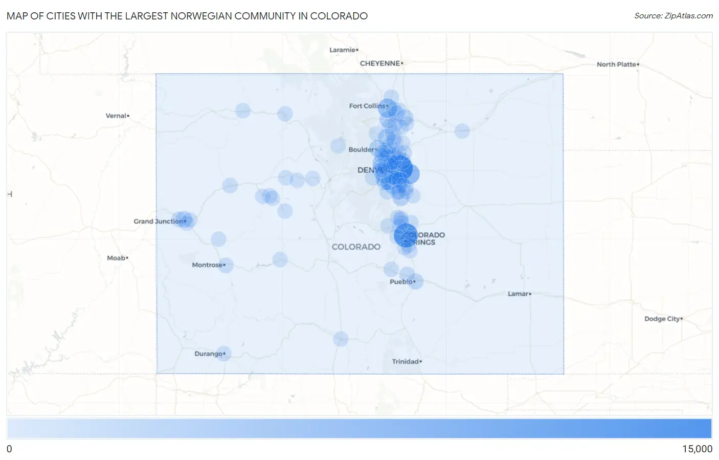 Cities with the Largest Norwegian Community in Colorado Map