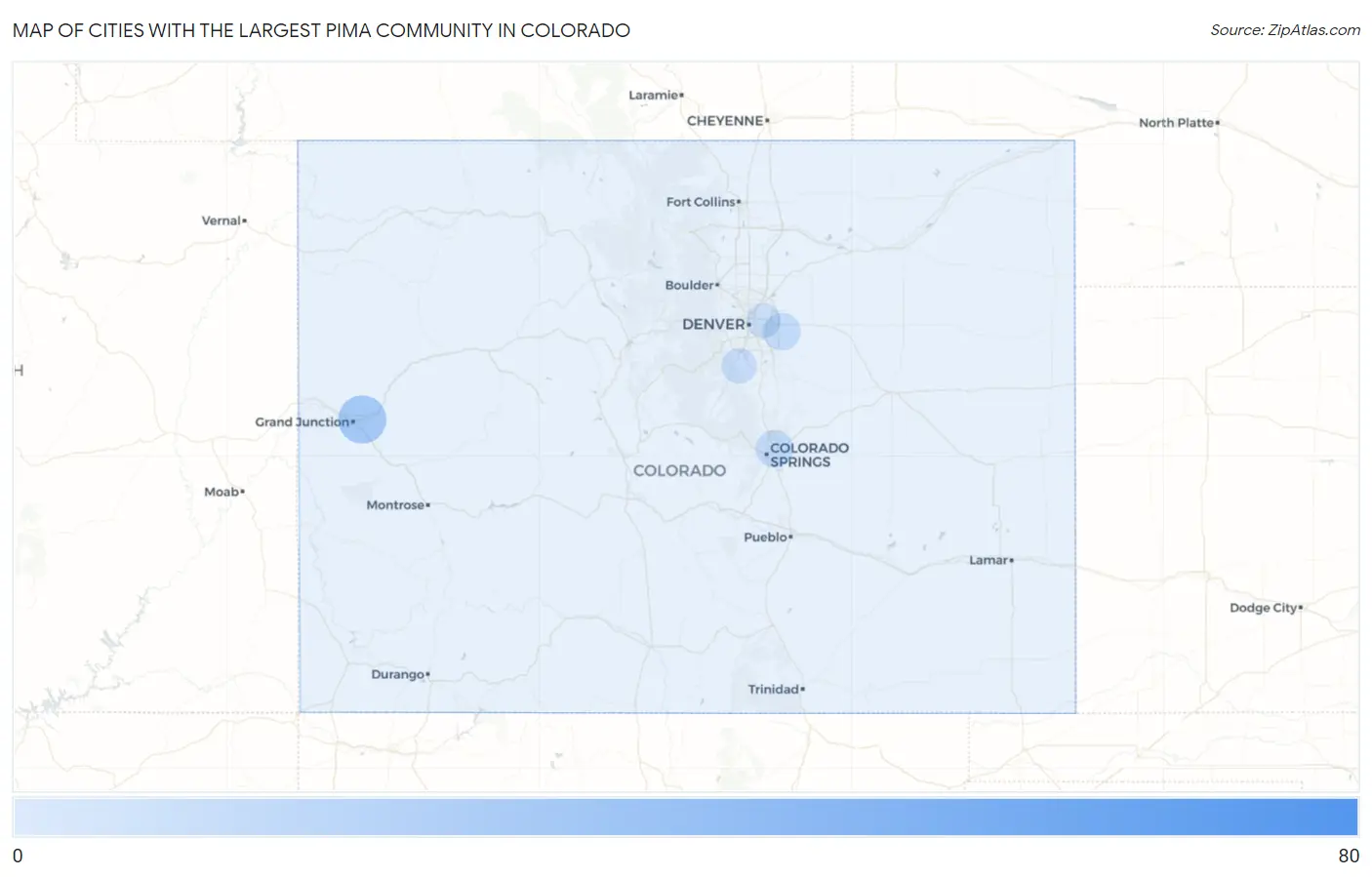 Cities with the Largest Pima Community in Colorado Map