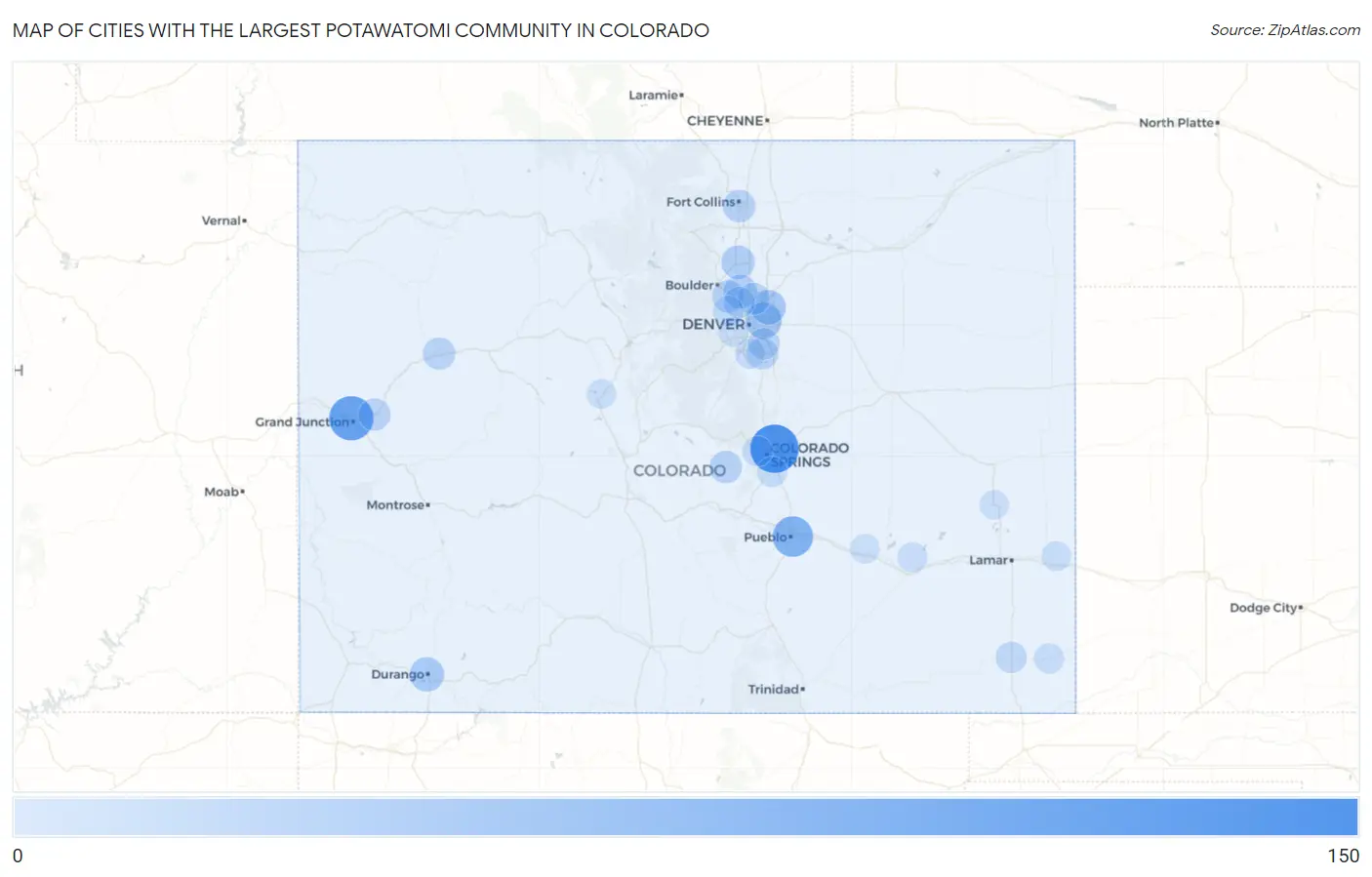 Cities with the Largest Potawatomi Community in Colorado Map