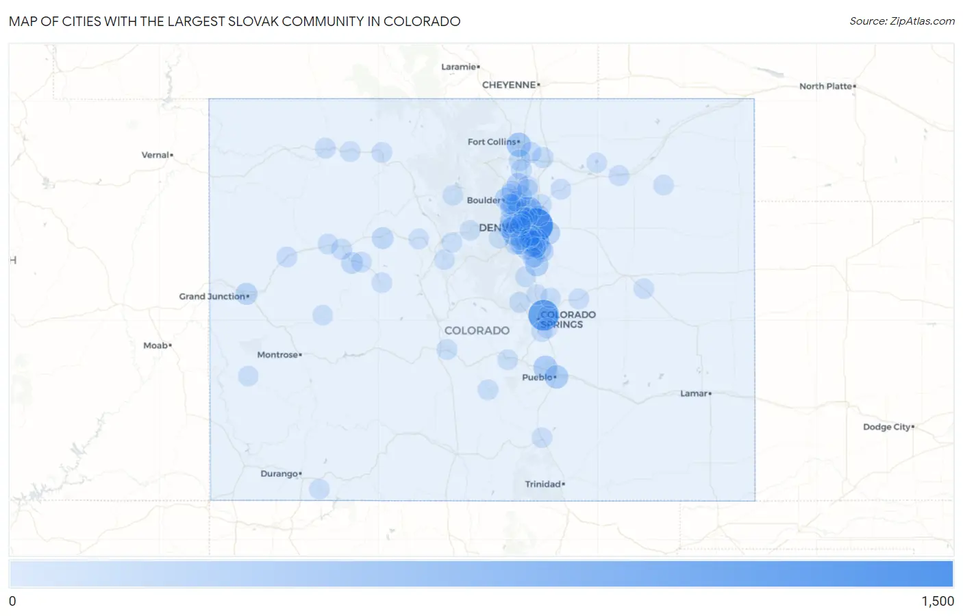 Cities with the Largest Slovak Community in Colorado Map