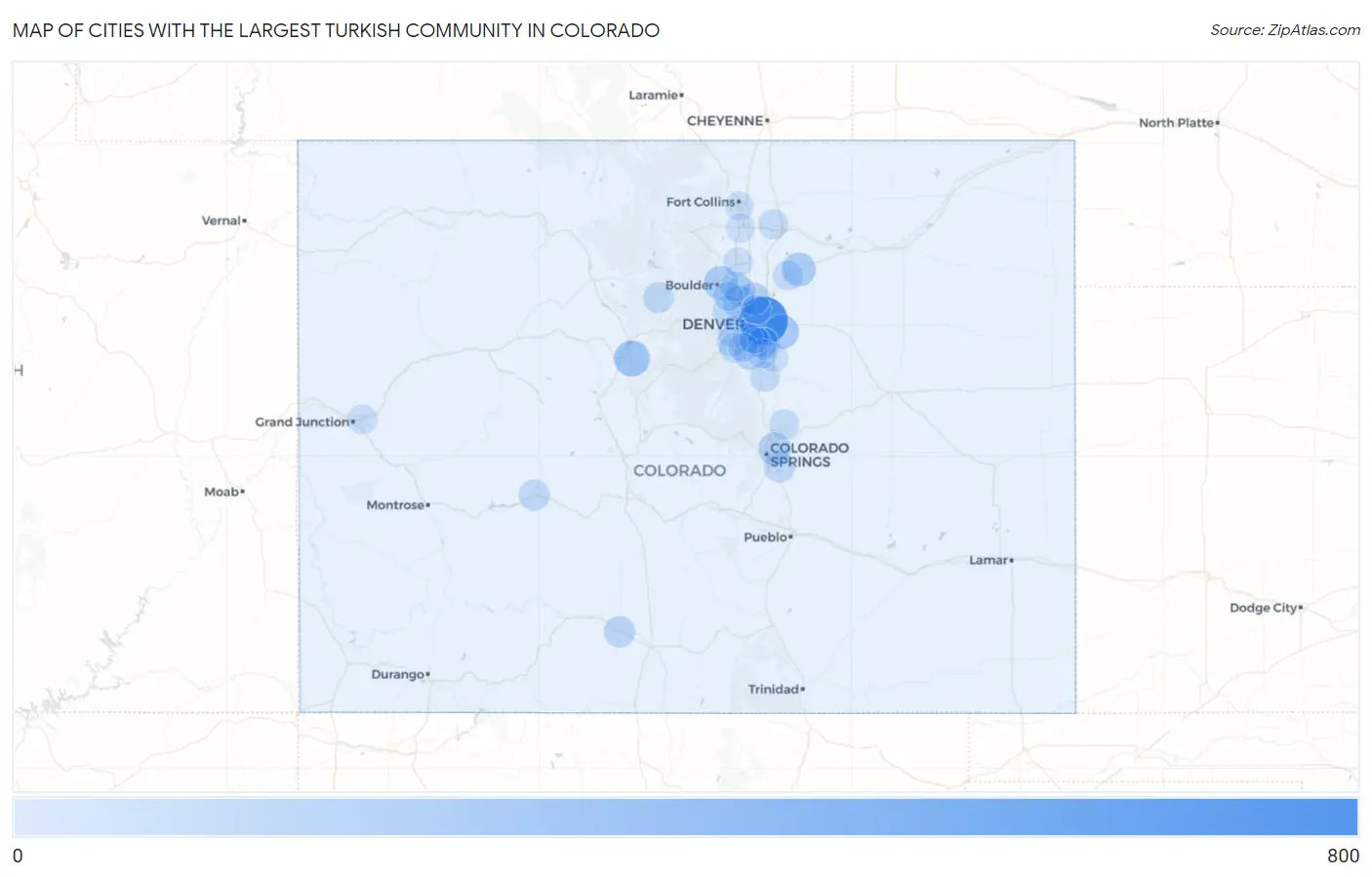 Cities with the Largest Turkish Community in Colorado Map