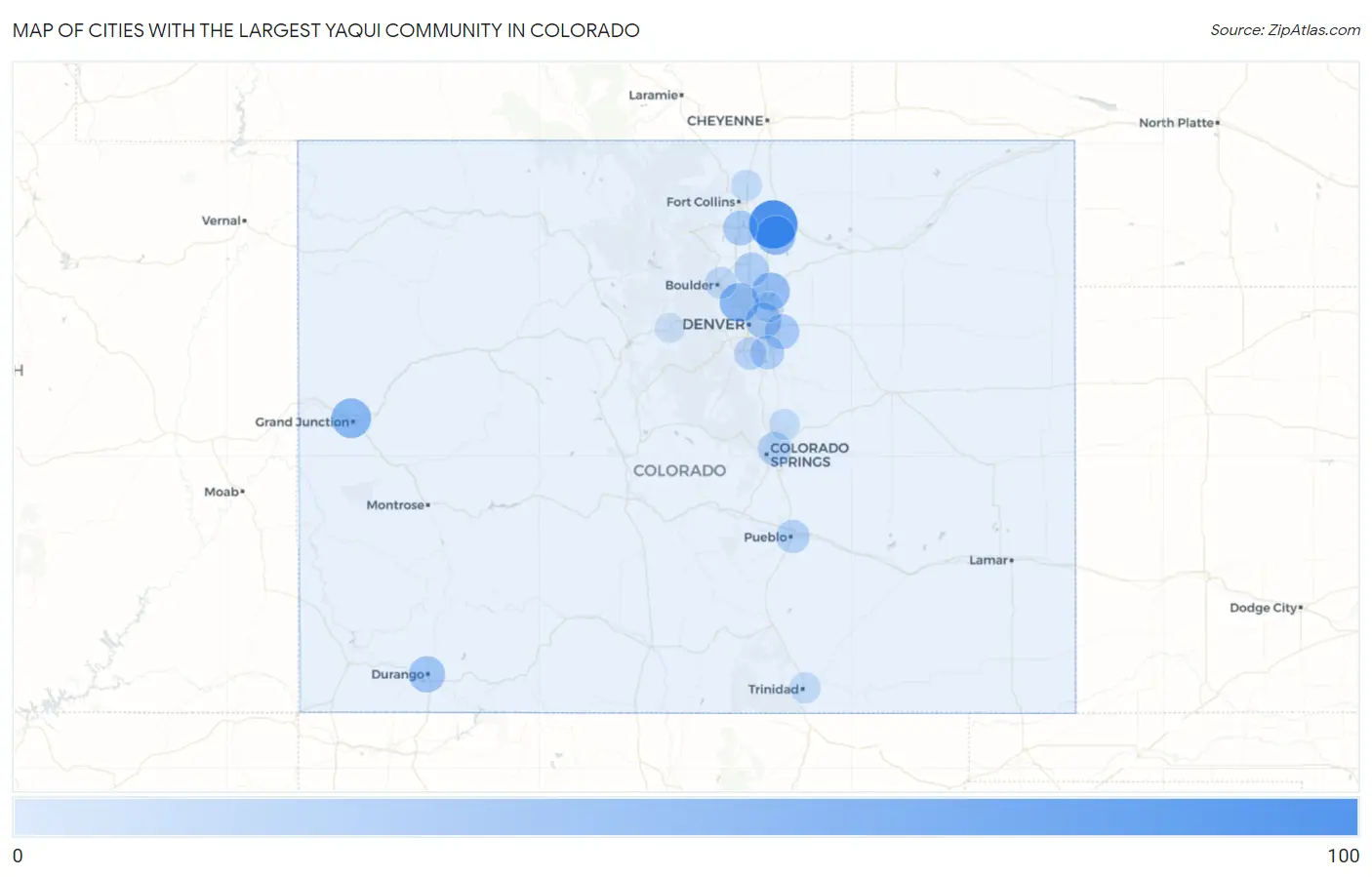 Cities with the Largest Yaqui Community in Colorado Map